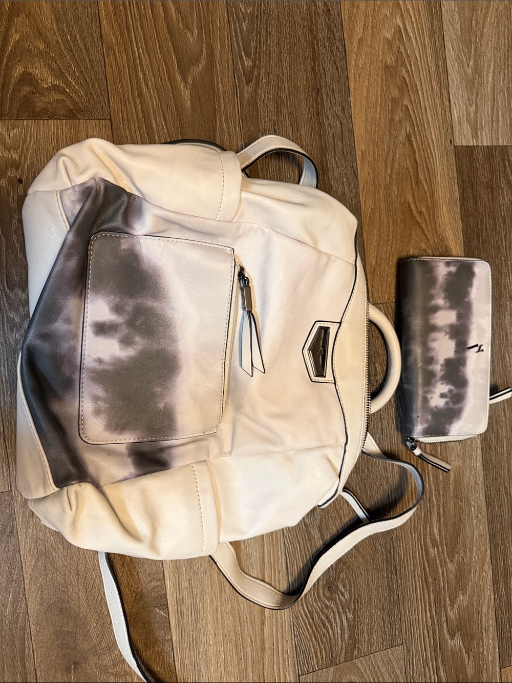 Women's Cream and Taupe Tie-Dye Backpack with Matching Wallet